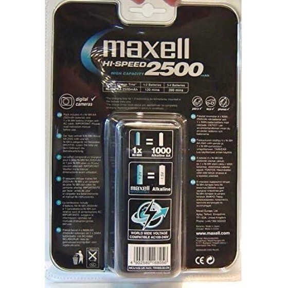 Maxell Hi-Speed AA/AAA (MN1500/MN2400) MCU1HS Charger with 4 High-Capacity 250mAh AA Batteries